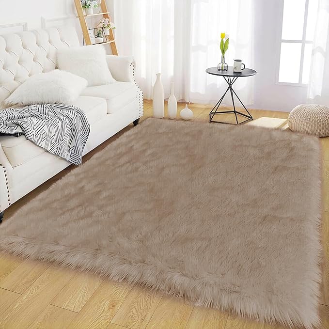 Latepis Shag Area Rugs 4x6 Machine Washable Faux Fur Rug Brown Beige Fluffy Carpet for Living Room Shaggy Plush Rug for Bedroom Floor Home Decor Rectangle