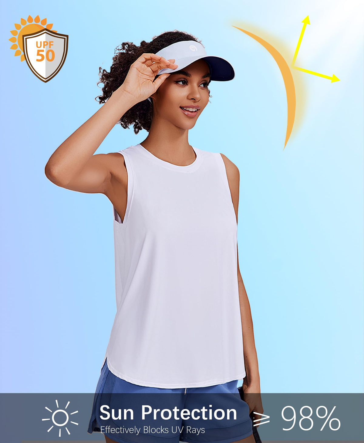 PINSPARK Athletic Tank Tops for Women Moisture Wicking Workout Tanks UPF 50+ Sleeveless Yoga Shirt with Side Slits Loose Fit Gym Top for Running, White Large