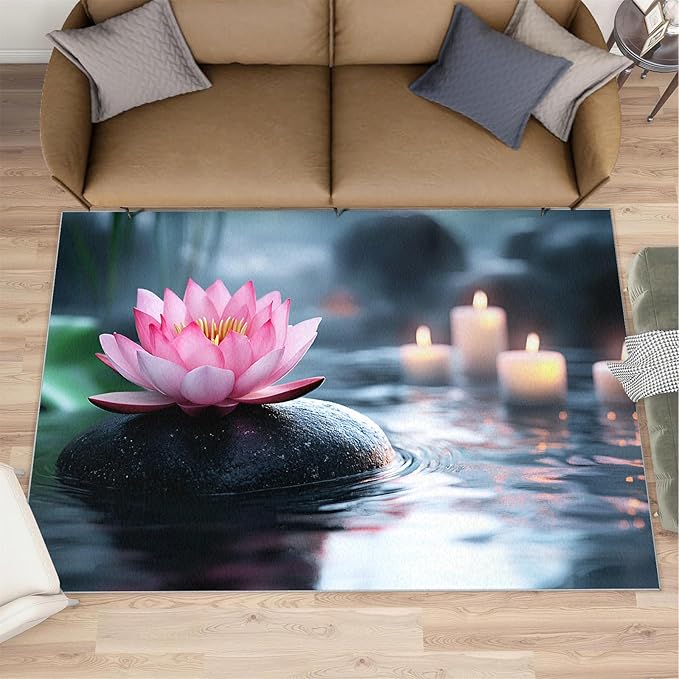 Zen Stones Washable Area Rug 5x8, Pink Petals Soft Rugs for Living Room Recuperative Spa Carpet Area Rugs for Bedroom Dining Room Non-Slip Stain Resistant Rug
