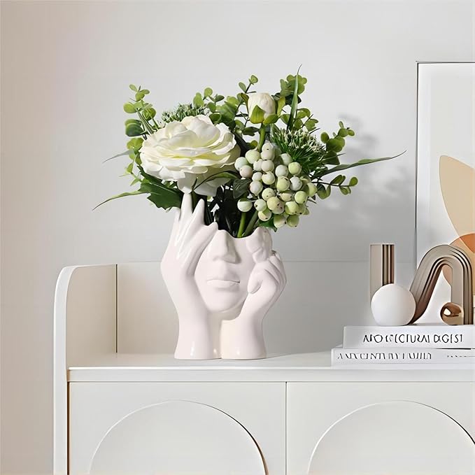 BrownLove Ceramic Face Vase White Flower for Decor Female Form Art Vase Modern Decorative Centerpiece for Table Shelf Living Room Office Bedroom
