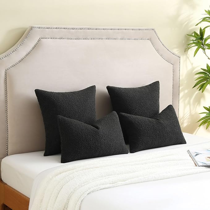 FUTEI Pack of 2 Black Decorative Throw Pillow Covers 18x18 Inch Soft Cozy Solid Boucle Textured Cushion Case,Modern Home Decor for Couch Bed Living Room