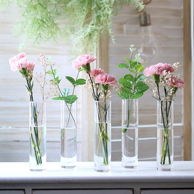 Glass Cylinder Bud Vases for Centerpieces, Set of 12 Clear Small vases,Handmade Slim Flower Vases Wedding Table Decor for Single Rose vases Bulk, Home Aesthetic Desk Decor, Party Decorations,7.5"