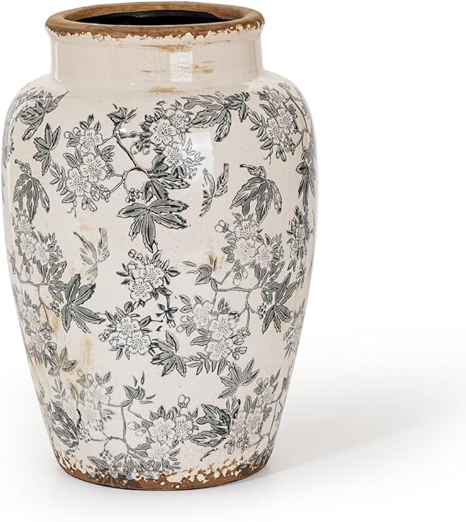 Sungmor Ceramic Flower Vase, Vintage Ice Cracked Glaze Porcelain Vase, Pretty Home Decor Vase for Flower Arrangement, Fresh Flowers, 10.2 Inch Tall Chinoiserie Pottery Vase, Gray Floral Pattern