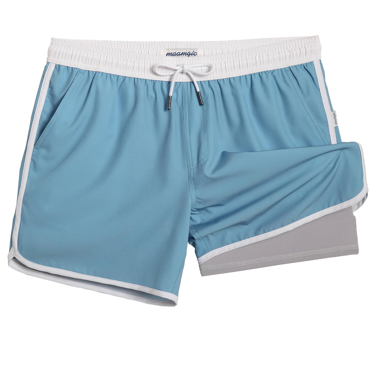 maamgic Mens Short 80s 90s Vintage 5.5" Swim Trunks Swimsuits Board Shorts Compression Liner Quick Dry 2 in 1 Bathing Suits Light Blue Large