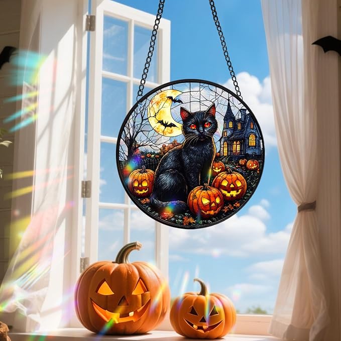 Halloween Sun Catcher - 8 Inch Round Suncatcher for Window Hanging Decoration - Creates Indoor Rainbows Light Refraction - Spooky Ghost, Witch, Pumpkin Design - Suction Cup Hook & Chain