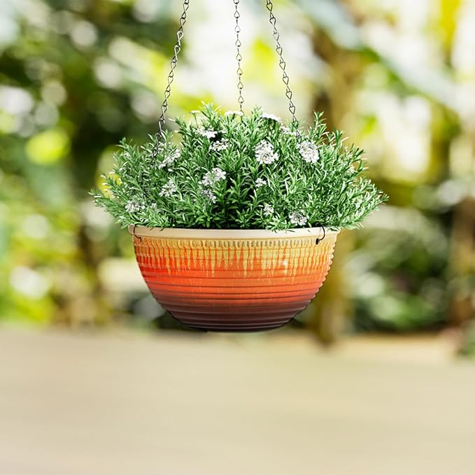 10inch Hanging Planters for Indoor and Outdoor Plants, 2 Pack Hanging Planter with Drainage Hole, Round Hanging Flower Pots for Garden Home Decor (Orange Glaze)