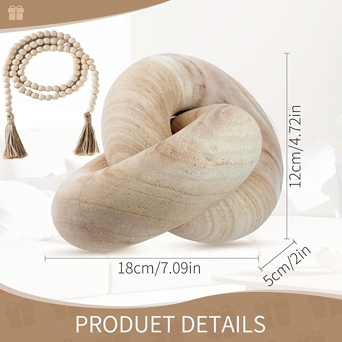 2 Link Decorative Wooden Chain with 58in Bread Decor,Boho Farmhouse Rustic Living Room Décor, Wood Chain Knot Decor for Coffee Table (Beige)
