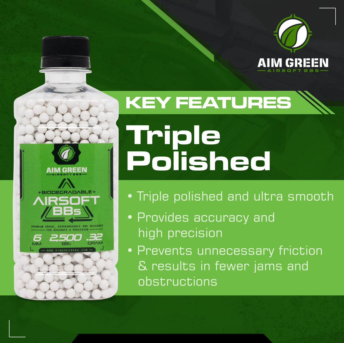 Aim Green Biodegradable Airsoft BBS, Premium-Grade 6mm Airsoft BBS, 20g, 25g, 32g, 36g, 40g, 2,500, 5,000, 10,000 Count
