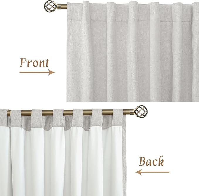 LAMIT 100% Blackout Natural Linen Curtains, 68 Inches Linen Textured Thermal Bedroom Curtains Back Tab and Rod Pocket Neutral Panels with White Liner for Farmhouse, 2 Panels, 52 x 68 Inch, Light Grey