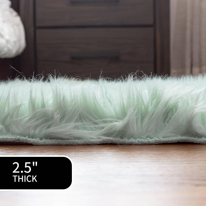 6 x 9 ft Fluffy Mint Green Rug – Large Faux Fur Area Rug for Bedroom, Living Room, or Dining Room – Plush Faux Sheepskin Accent