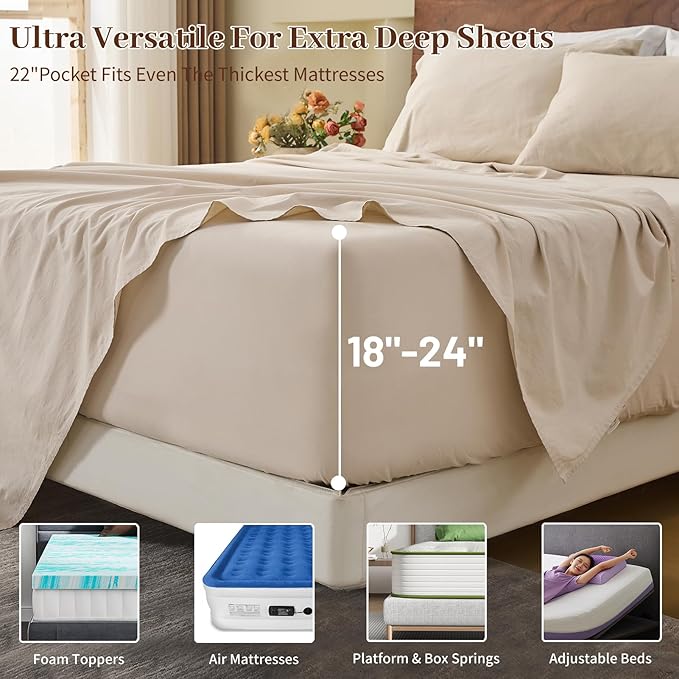 MEISHANG 100% French Pure Linen Sheets California King Size - Extra Deep Pocket Sheet Set, Soft Durable Flax Linen, Anti-Tear Breathable & Oeko-Tex Certified 18-24 Deep Pocket,All Season(Linen)