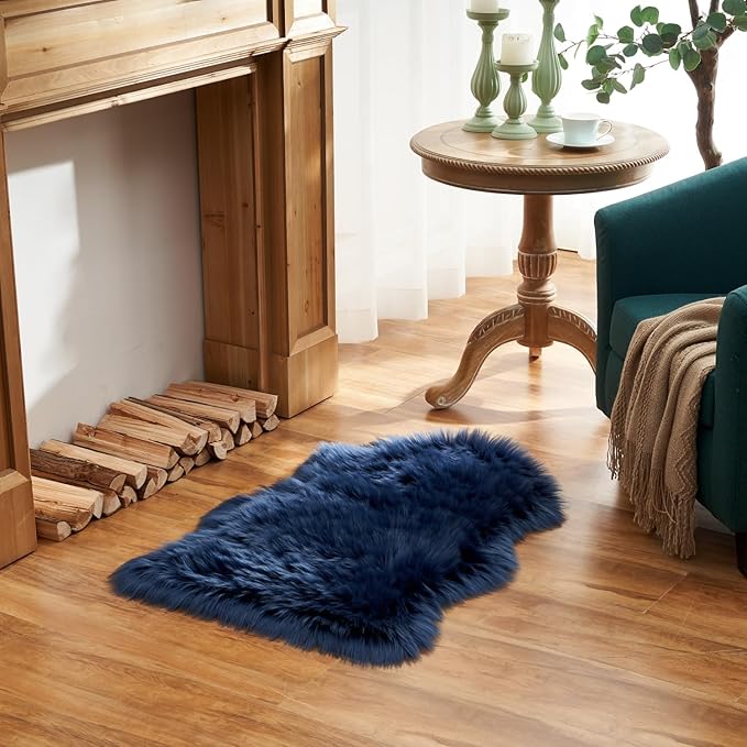 EasyJoy Ultra Soft Fluffy Shaggy Area Rug Faux Fur Rug Chair Cover Seat Pad Fuzzy Area Rug for Bedroom Floor Sofa Living Room (2 x 3 ft Sheepskin, Dark Blue)