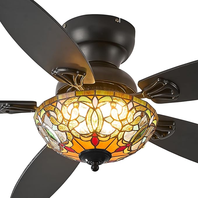 Tiffany Ceiling Fans with Lights - 48" Ceiling Fan Chandelier with 5 Dual-Blades and Glass Shade, 6 Speeds and Reversible, Indoor and Outdoor, Retro Style
