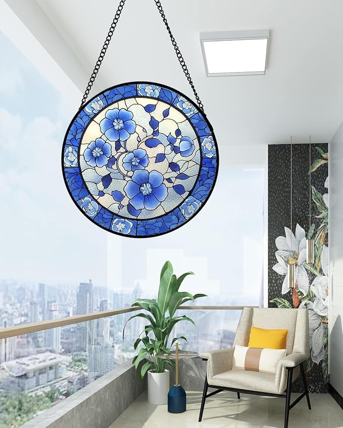 Stained Glass Window Hanging, Blue and White Plum Blossom Sun Catcher for Door Home Decor Flowers Suncatcher Christmas Mother's Day Birthday Gifts for Women Men Mom and Nana 7.8 in