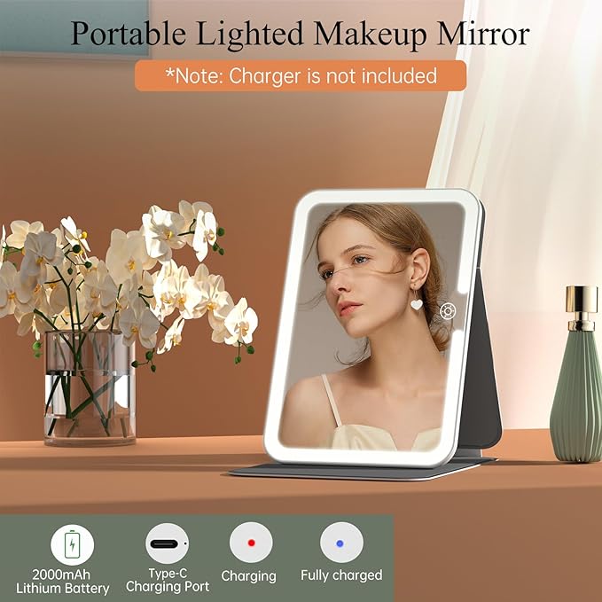Rechargeable Travel Lighted Makeup Vanity Mirror with PU Leather Cover, Portable Travel Makeup Mirror with Lights, 3 Color Lighting,Touch Sensor Dimmable, Light Up Tabletop Cosmetic Mirror Folding