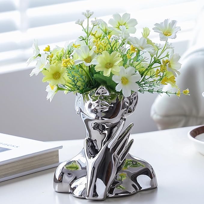 BrownLove Silver Ceramic Face Vase, Modern Silver Decorative Art Vase, Bookshelf Placed On The Desktop, Small Living Room, Office and Bedroom