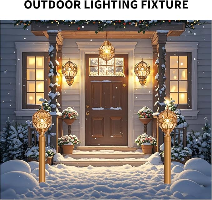 Gold Outdoor Wall Light Fixtures, Globe Exterior Aluminum Waterproof Porch Lights, Sphere Anti-Rust Outside Lantern Wall Mount with Amber Glass for Patio Backyard Garage Doorway, 2 Pack