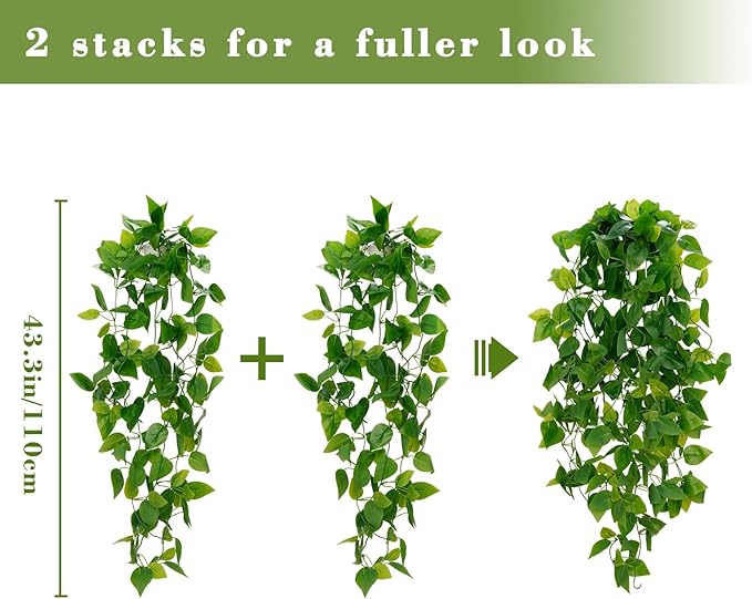 BLEUM CADE Fake Hanging Plants, 2pcs Artificial Hanging Plant, Faux Pothos Vines Greenery for Wall Home Living Room Office Indoor Outdoor Decor (No Baskets)