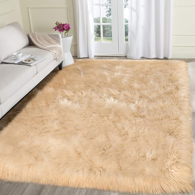 SERISSA Ultra Soft Faux Fur Rug 6x9 Feet, Fluffy Shaggy Area Rug Beige Faux Sheepskin Fur Rugs Fuzzy Rug, Furry Throw Rug for Living Room, Bedroom, Nursery Room Decor (Rectangle, Beige)