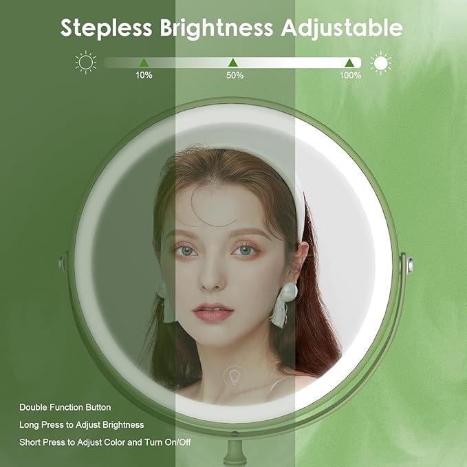 Lighted Makeup Mirror, 3000 mAh Rechargeable Double Sided Magnifying Vanity Mirror with 3 Colors, 1x/10x, 360° Rotation , Brightness Adjustable Magnification Cosmetic Light up Mirror, Women Gift