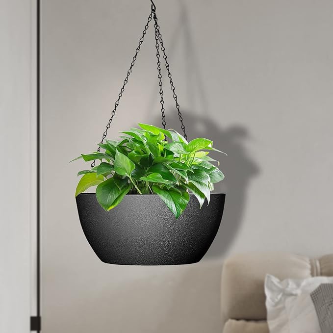 10 inch Hanging Planters for Outdoor Indoor Plants with Drainage Holes and Chain, 2 Pack Round Hanging Flower Pots for Garden Home Porch Decor, Black