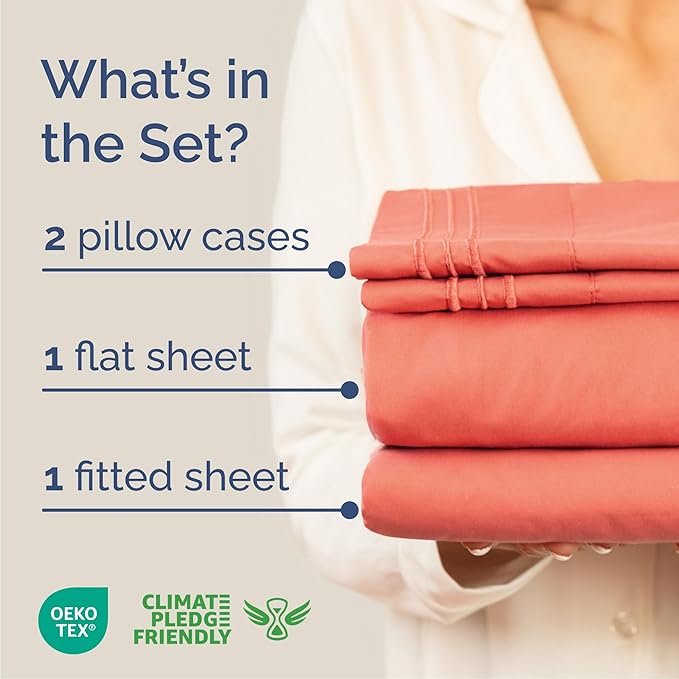 Cal King Size 4 Piece Sheet Set - Comfy Breathable & Cooling Bed Sheets Set - Hotel Luxury Bedding for Women, Men, Kids, Teens, Boys & Girls - Deep Pockets, Ultra-Soft, Wrinkle Free - Oeko-Tex - Coral