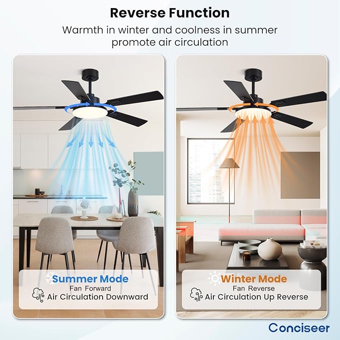 52 Inch Ceiling Fans with Lights and Remote for Bedroom Living Room Kitchen Office, Indoor/Outdoor Use, 5CCT Dimmable, 5 Blades 6 Speed Reversible Quiet DC Motor, Black/Wood Grain, 2 Pack