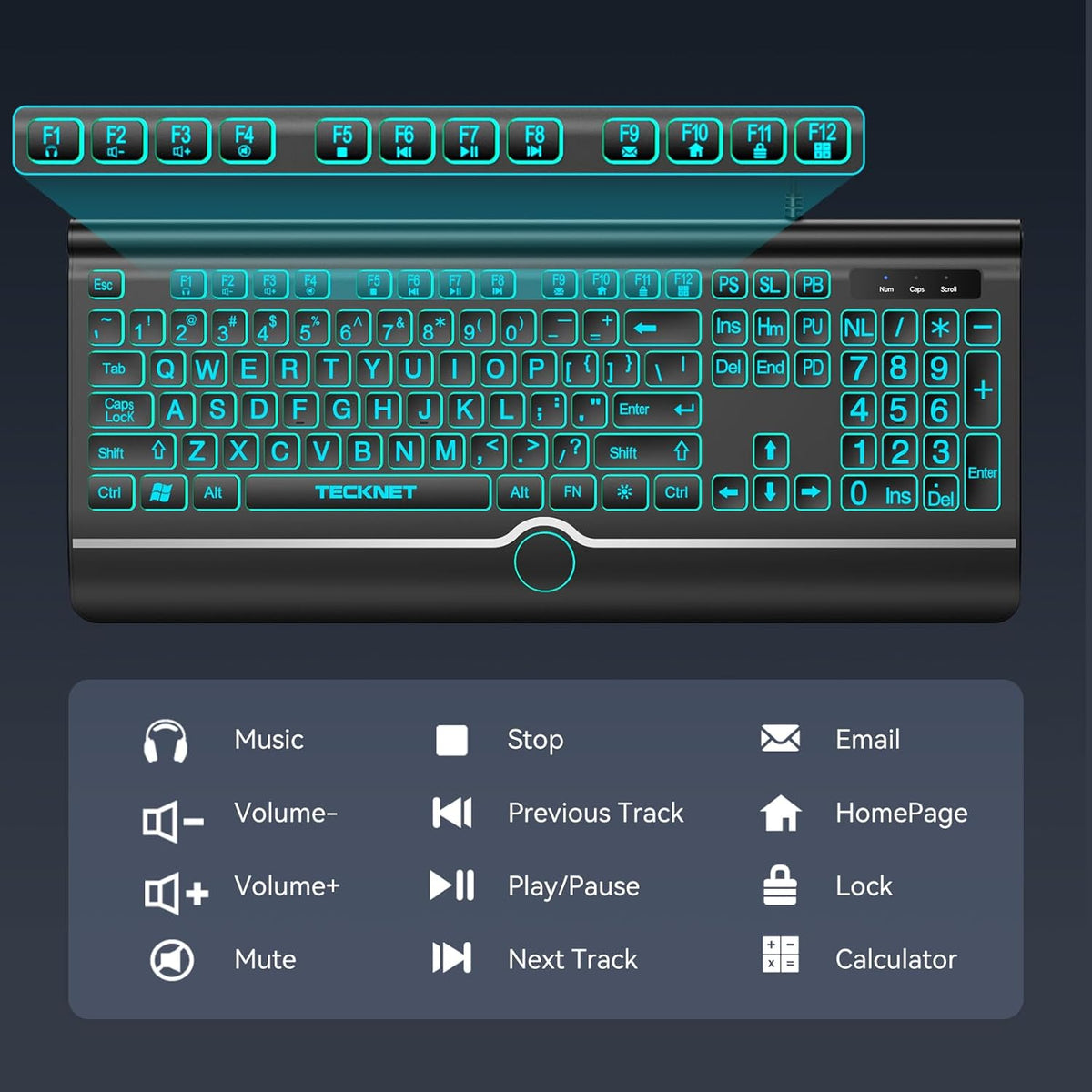 TECKNET 7-Color Large Print Backlit Keyboard, Wired USB-A Computer Keyboard with Wrist Rest, Backlit, Oversized Letter