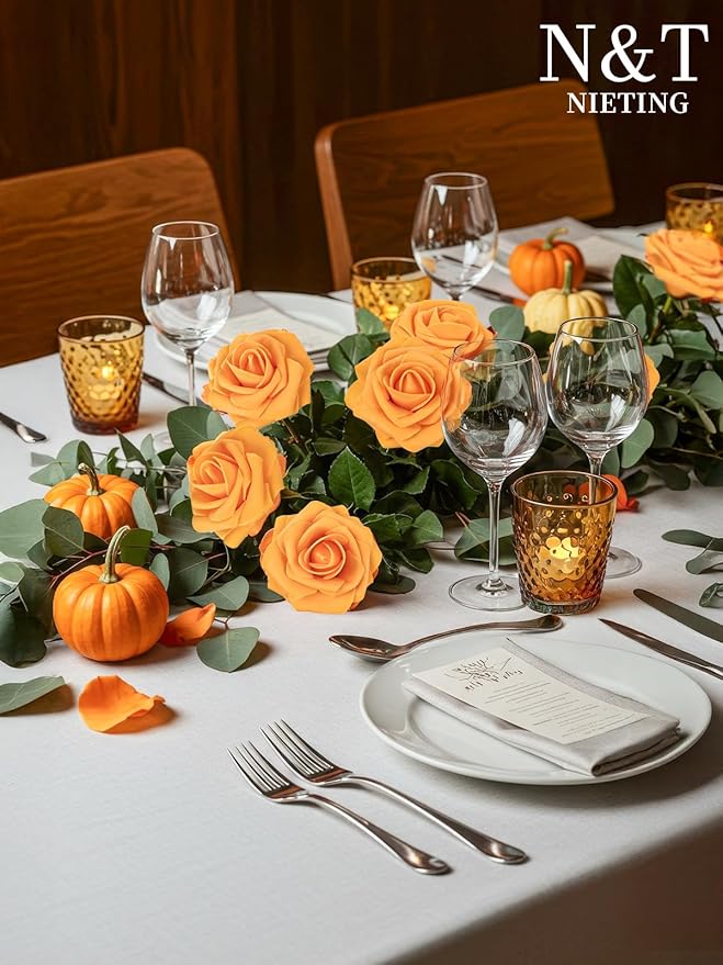 N&T NIETING Artificial Flowers, Fake Flowers Orange Roses Perfect for DIY Wedding Bridal Bouquets Centerpieces Bridal Shower Party Home Flower Arrangement Decorations, 25Pcs