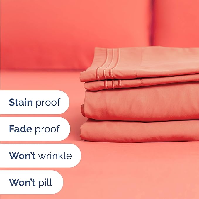 Twin Size 3 Piece Sheet Set - Comfy Breathable & Cooling Bed Sheets Set - Hotel Luxury Bedding for Women, Men, Kids, Teens, Boys & Girls - Deep Pockets, Ultra-Soft and Wrinkle Free - Oeko-Tex - Coral