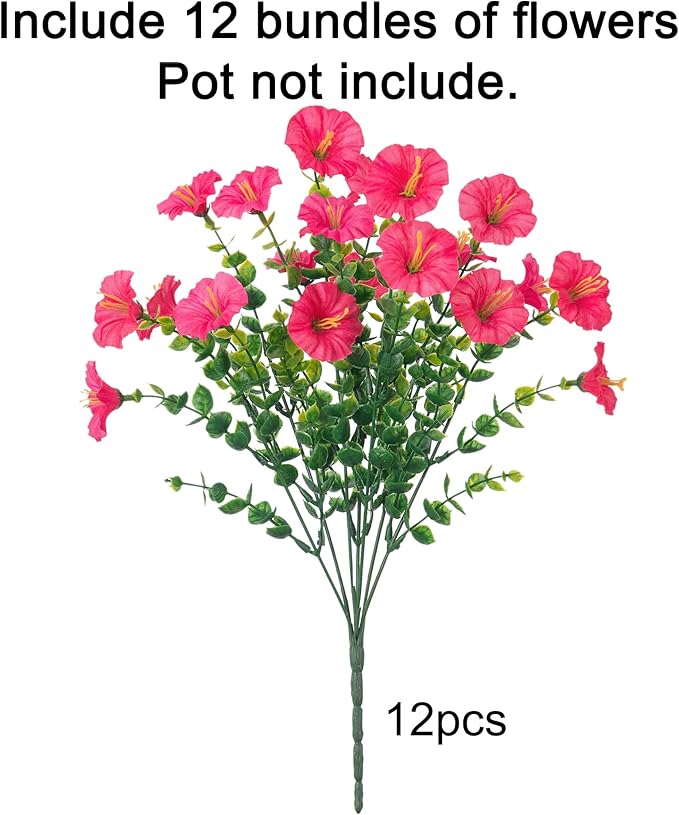 HyeFlora Artificial Flowers for Outdoors Fake Plants Outside Decoration, 12 Bundles Silk Hot Pink Morning Glory UV Resistant Look Real Faux Flowers for Planter Front Door Porch Patio Yard Gardens Home