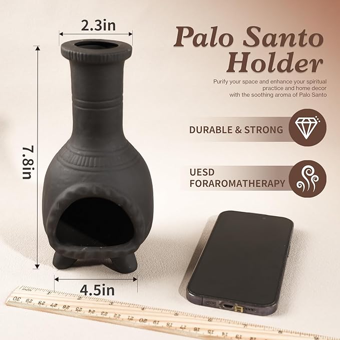 Handcrafted Palo Santo Burner–Mexican Style Clay Incense Dish for Aromatherapy and Stress Relief–Compatible with Wood Sticks, Sage,Cone Incense–Mini Home Altar with Unique Chimney Design
