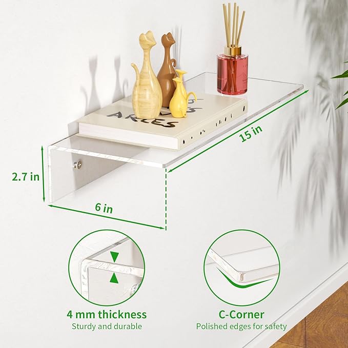 FEMELI 2 PCS 15" Acrylic Floating Shelves, Clear Shelf for Display, Plant, Perfume, Book in Bedroom Living Room Office, 5mm Thick Wall-Mounted Acrylic Shelves for Wall