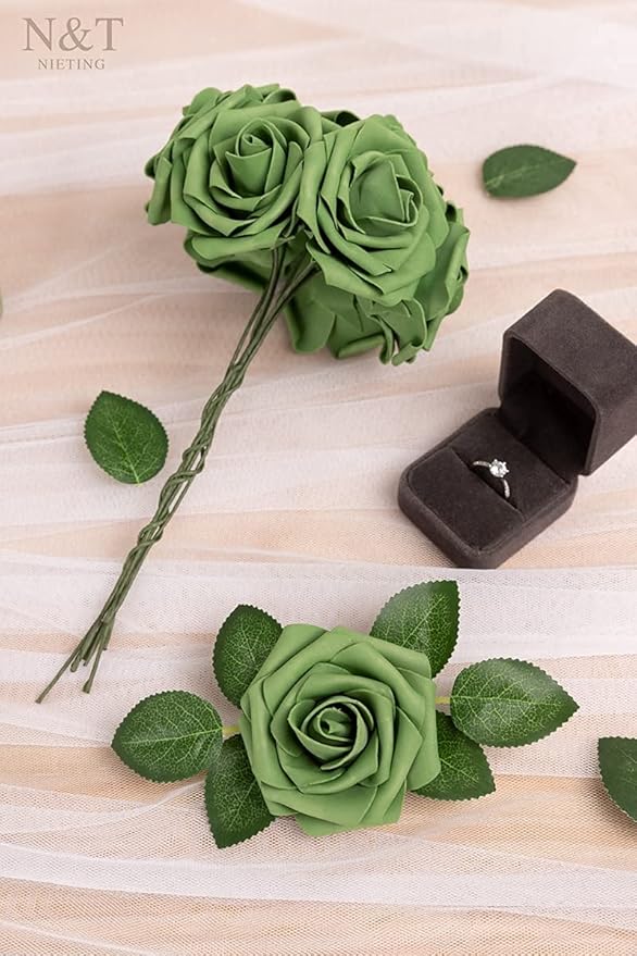 N&T NIETING Roses Artificial Flowers, 25pcs Artificial Flowers Foam Flowers with Stems for DIY Cake Decoration Wedding Party Home Decoration, Army Green
