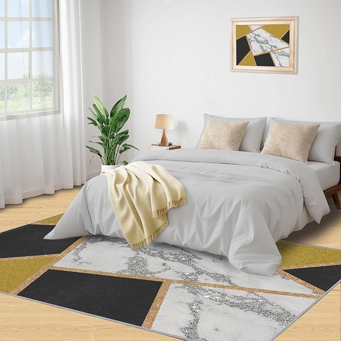 Geometric Area Rug Abstract Marble Texture Rugs Geometric Marble Area Carpet Simple Light Luxury Line Rug Machine Washable Rugs with Backing for Bedroom 7x8ft