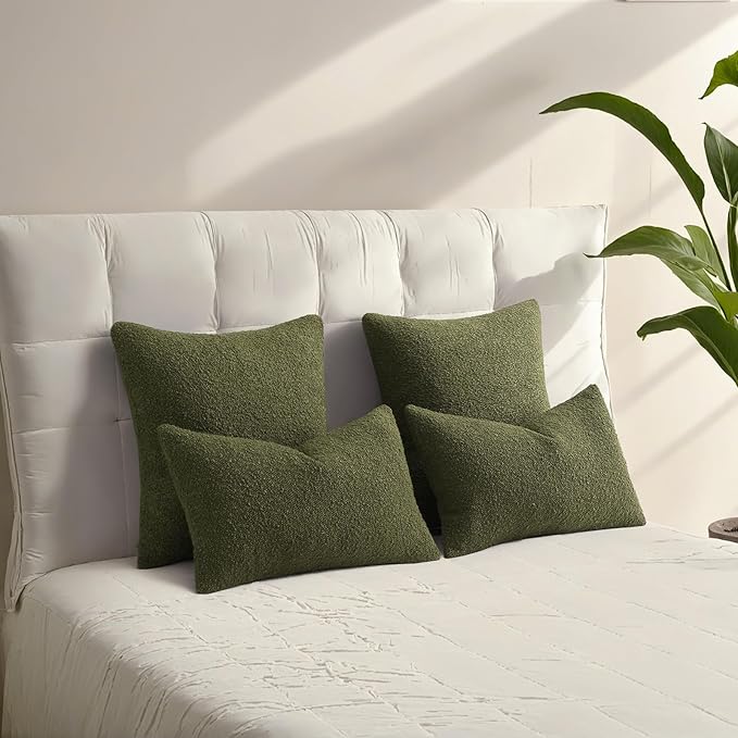HAUSSY Set of 2 24x24 Decorative Throw Pillow Covers, Soft Cozy European Pillow Shams Textured Boucle, Home Decor for Couch Bed Living Room, Moss Green