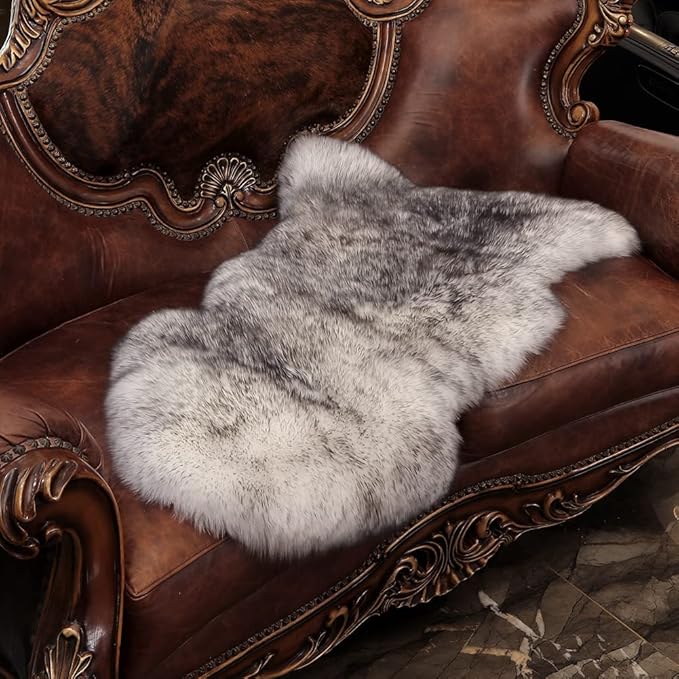 Premium Genuine Fur Sheepskin Rug Real Australia Sheepskin Natural Luxury Fluffy Lambskin Fur Area Rug Seat Covers for Kids Bedroom Sofa Chair Cover (Gray Tip, Single Pelt/2ft x 3ft)