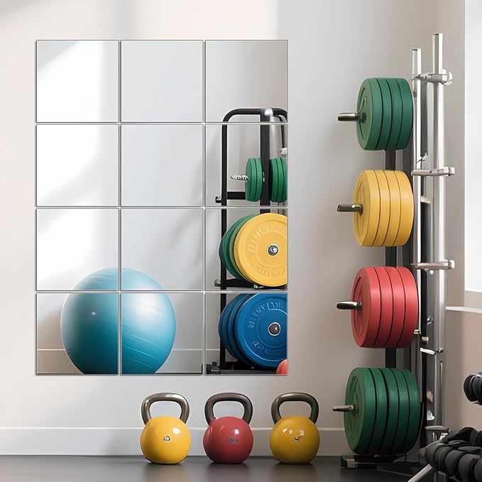 Ruomeng Home Gym Mirror Tiles - 10" x 10" x 12Pcs Full Length Mirror Tiles Glass Frameless Wall Mirror for Home Gym, Bedroom, Door & Bathroom