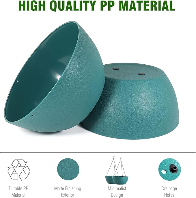 13 inch Large Hanging Planters Plant Pots for Outdoor Indoor Plants with Drainage Holes and Chain, 2 Pack Round Hanging Flower Pots for Garden Home Porch Decor, Blue Green