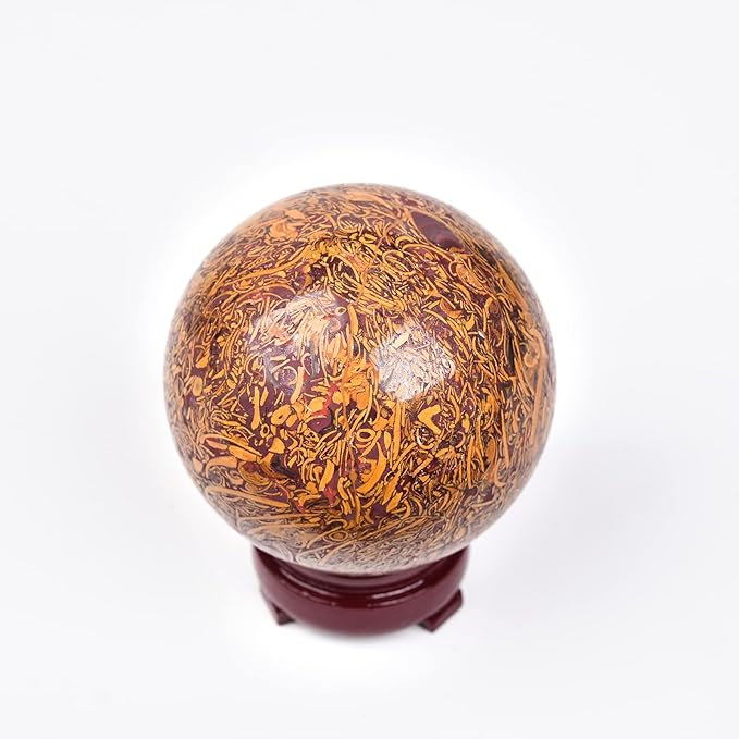 JIC Gem Real Natural Crystal Sphere Ball with Wooden Stand for Fengshui Golden Jade Healing Crystal Ball Decoation Meditation Energy Reiki Ball (90-100mm)