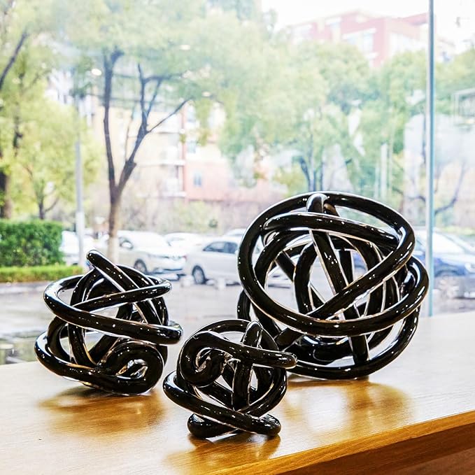Luxury Lane Hand Blown Infinity Knot Sommerso Decorative Glass Ball for Bowls Home Decor 8 inch Tall Orbit Centerpiece Table Decoration Sculpture Black