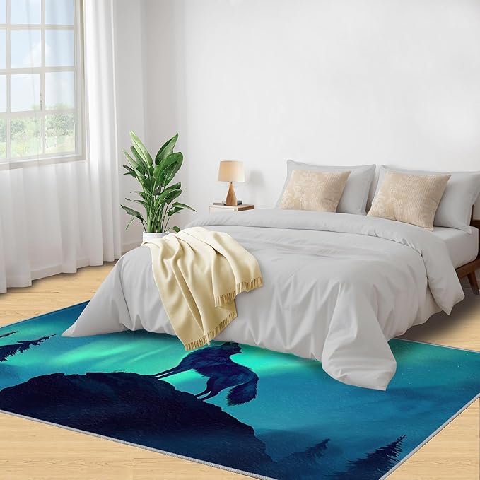 Wolf 4x5 Area Rugs for Living Room -Forest Washable Rug Aurora Non-Slip Carpet Indoor Floor Stain Resistant Thin Carpets for Bedroom Dining Room Home Office