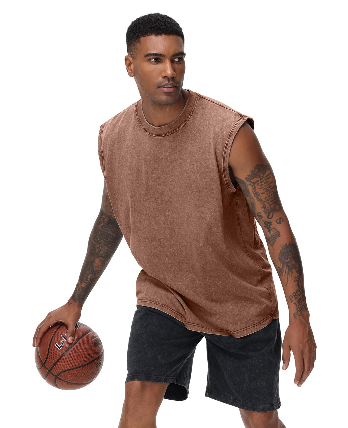 SnowElve 3 Pack Mens Workout Tank Tops Sleeveless Tee Shirts Men Muscle Shirt Gym Acid Wash T Shirts Running Beach Loose Fit Tee(CFGYBK,L)