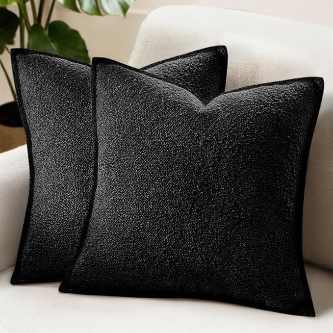 MIULEE Pack of 2 Decorative Textured Boucle Throw Pillow Covers 18x18 Inch Black Broadside Thick Boho Pillows for Farmhouse Accents Sofa Couch Bedroom Living Room Home Decor