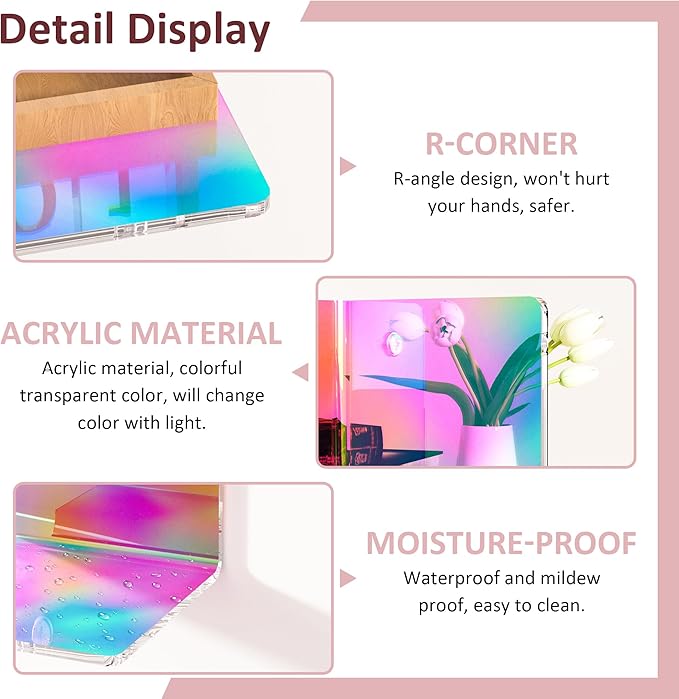 Sezanrpt 8 Inch Iridescent Shelf for Wall, Acrylic Small Floating Shelf, Home Wall Shelf Organizer for Room Storage, Room Décor, Space Saving, 4'' Depth, 2 Pack