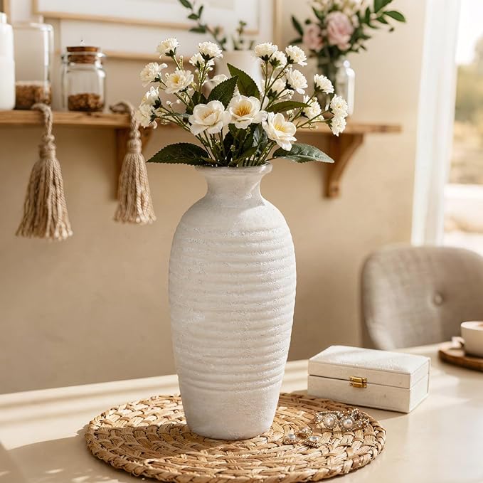 Rustic Ceramic Threaded White Vase, 14.4" H Tall Vases for Centerpieces,Handmade Large Decorative Vase for Living Room Decor,Vintage Farmhouse Pottery Flower Vase for Entryway Fireplace|Off-White