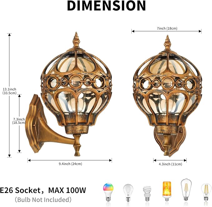 Gold Outdoor Wall Light Fixtures, Globe Exterior Aluminum Waterproof Porch Lights, Sphere Anti-Rust Outside Lantern Wall Mount with Amber Glass for Patio Backyard Garage Doorway Front Door