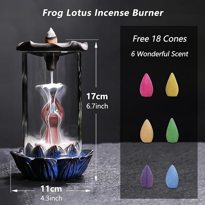 ChangWanna Frog Incense Burner Holder - Ceramic Lotus Incense Holder Ash Catcher, Glass Incense Holder for Sticks, Insence-stick Holder Ornament for Aromatherapy/Yoga/Meditation/Home Room Office Decor