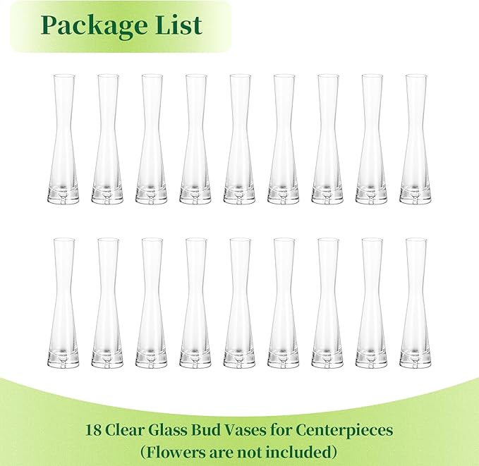 Hewory Glass Bud Vases for Centerpieces Set of 18, Handmade Modern Clear Small Skinny Decorative Single Flower Vase, Minimalist Slim Floral Vase for Home Wedding Party Events Table Decor, 7.87"