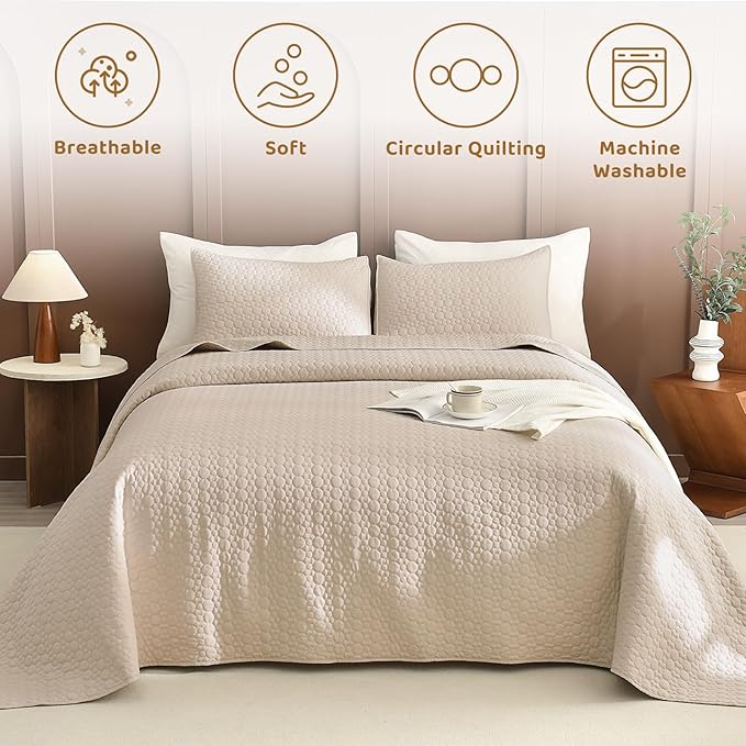 Sanracie Oversized King Quilt Bedspread Sets 120"*120", 100% Cotton Linen Colored Cal King Quilt Bedding Set CircularQuilting Extra Wide Large 3Pcs Coverlet Set for All Season Soft Thin Comforter